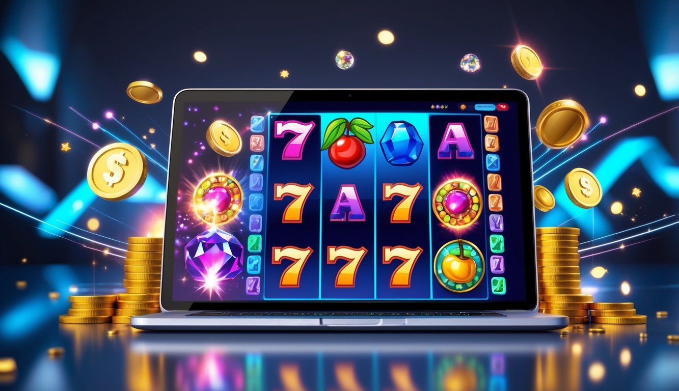 Seseorang menggunakan laptop yang menampilkan permainan slot online dengan simbol warna-warni dan koin emas di sekitarnya.