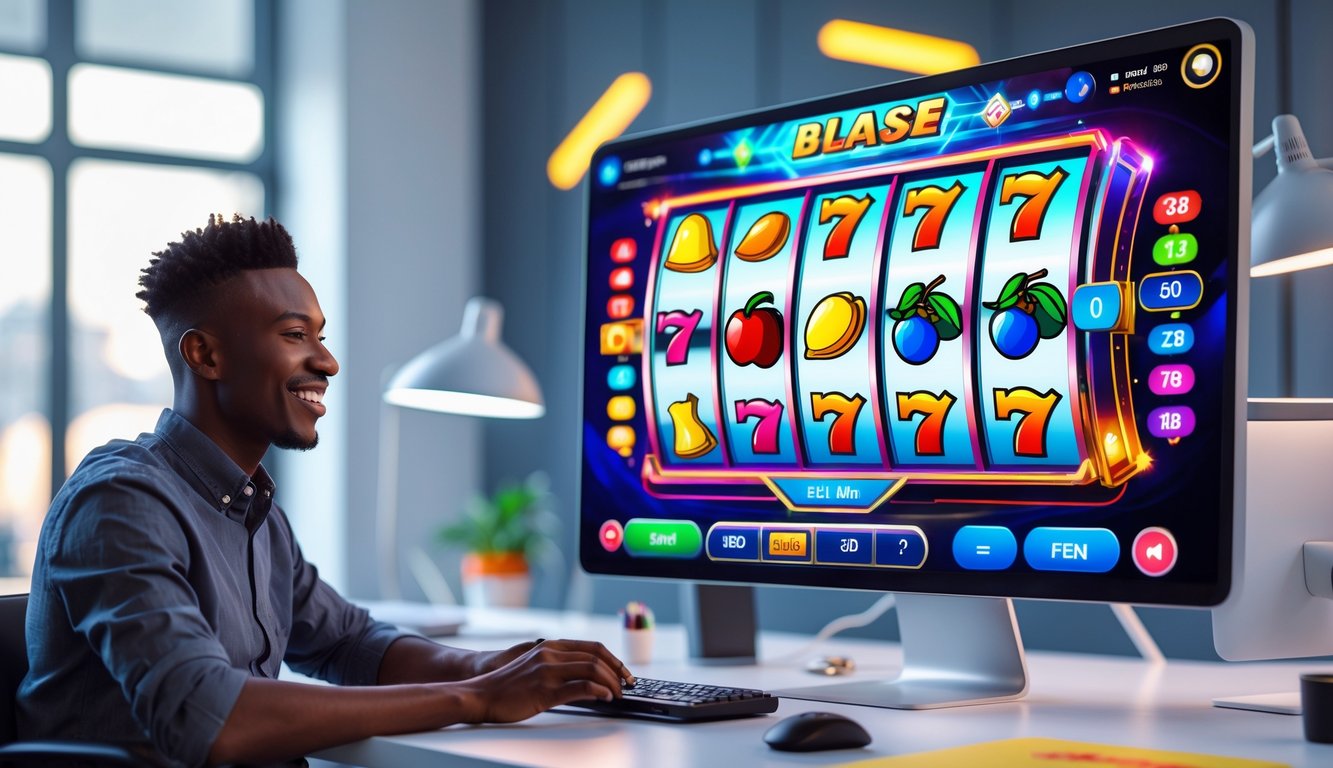 Seseorang menggunakan komputer dengan tampilan permainan slot online yang berwarna-warni di layar, di ruang kerja modern.