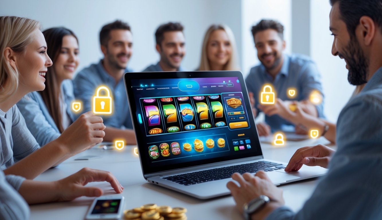 Orang-orang bermain permainan slot online di komputer dengan latar belakang bersih dan simbol keamanan digital.