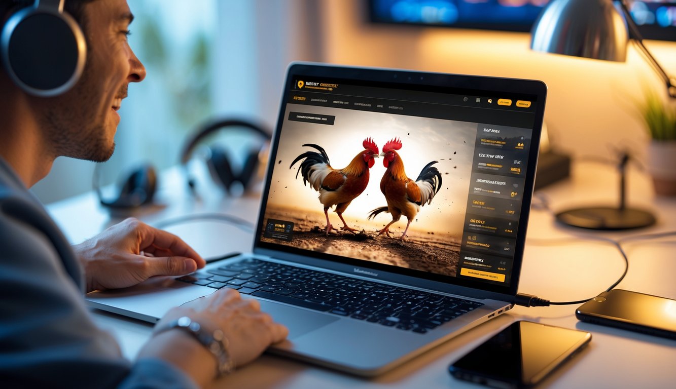 Seorang pria menonton pertarungan ayam jago secara online di layar laptop dengan suasana yang hangat dan penuh perhatian.