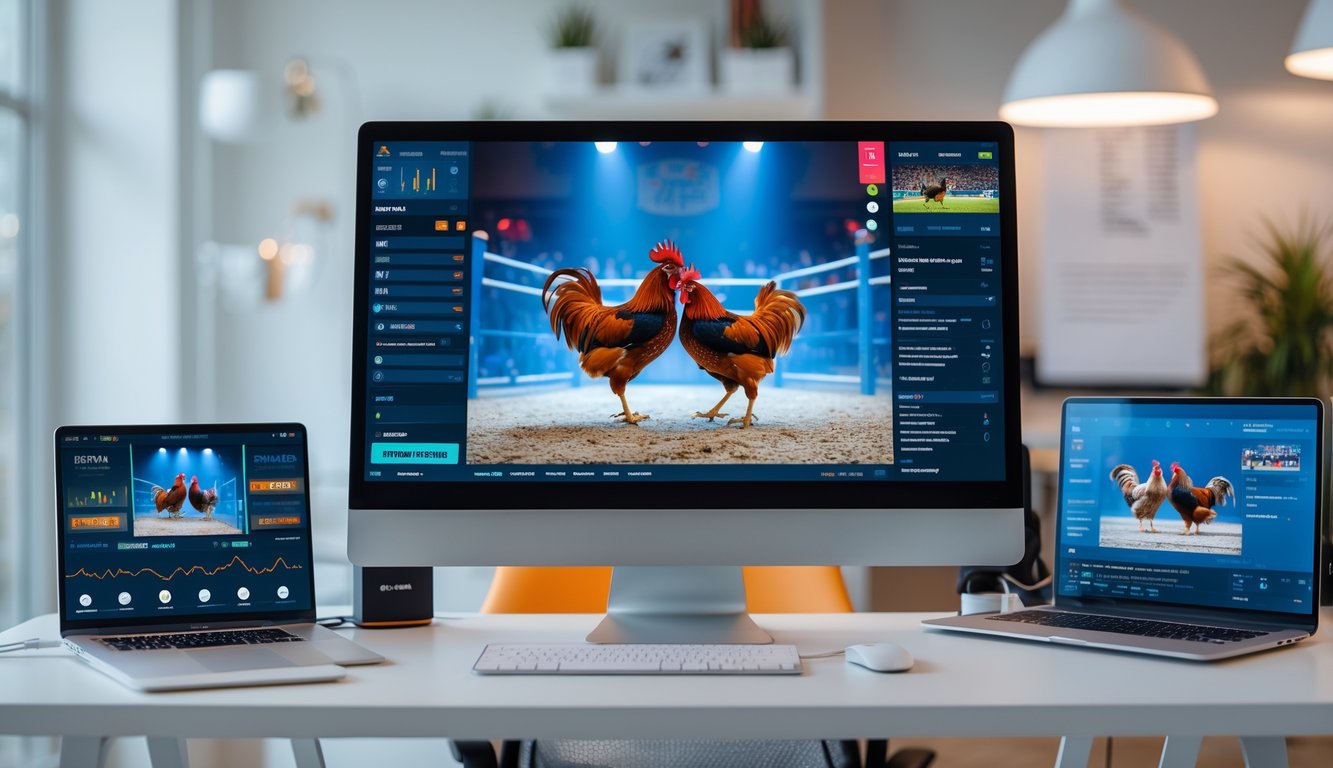 Seseorang menggunakan komputer dengan tampilan siaran langsung pertandingan sabung ayam online.