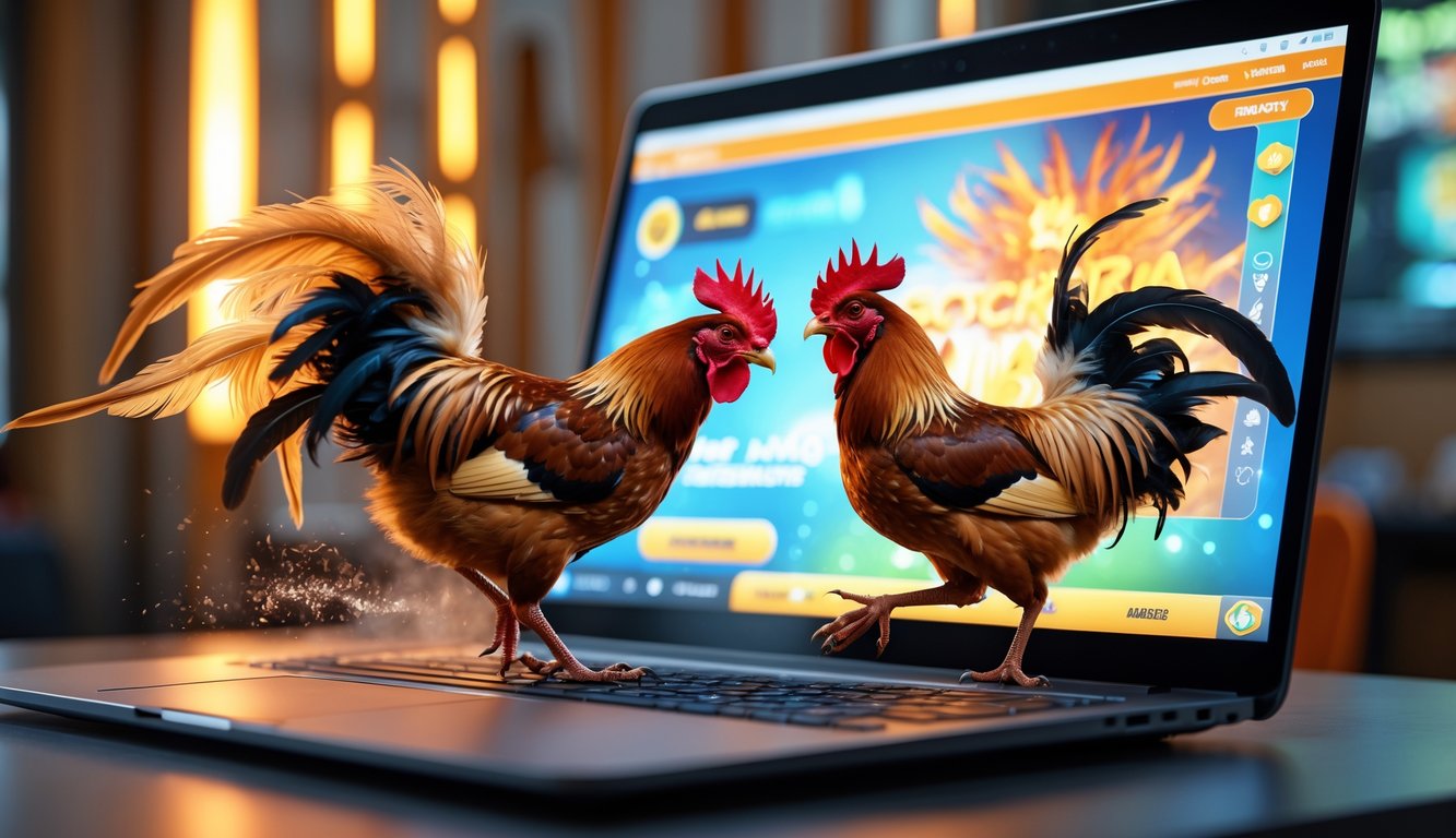 Tampilan layar perangkat digital yang menunjukkan dua ayam jago sedang bertarung dalam permainan sabung ayam online dengan antarmuka yang cerah dan menarik.