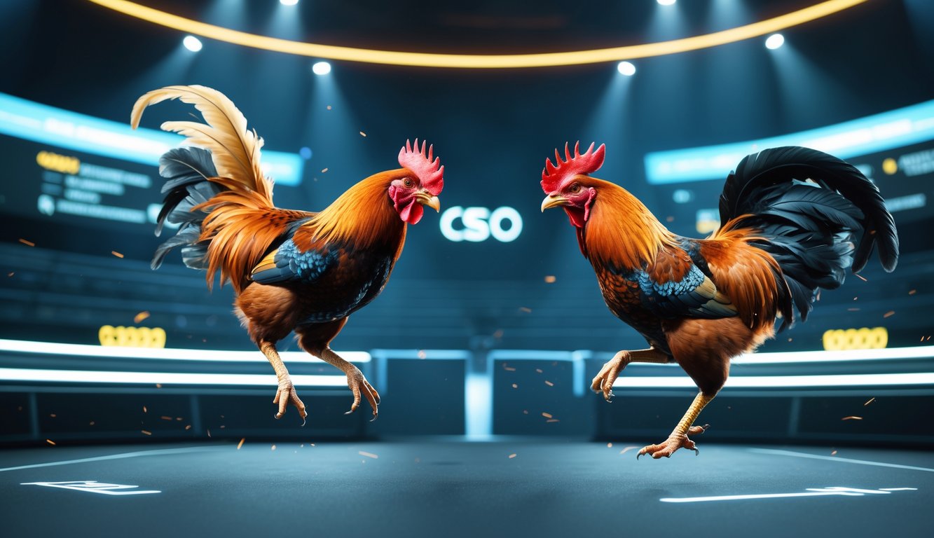 Dua ayam jago sedang bertarung di arena sabung ayam online dengan latar belakang antarmuka digital modern.