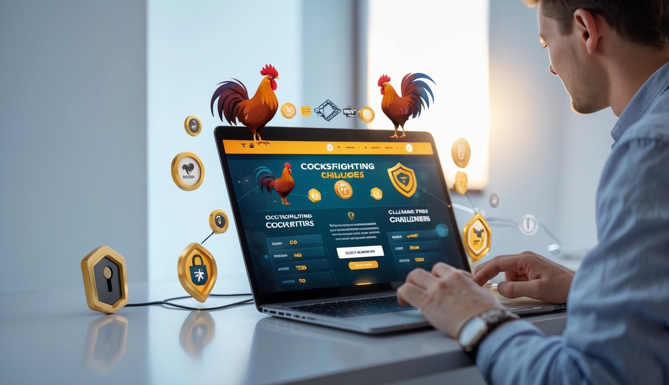 Seorang pengguna sedang berinteraksi dengan laptop yang menampilkan platform online terpercaya untuk sabung ayam dengan tantangan menarik.