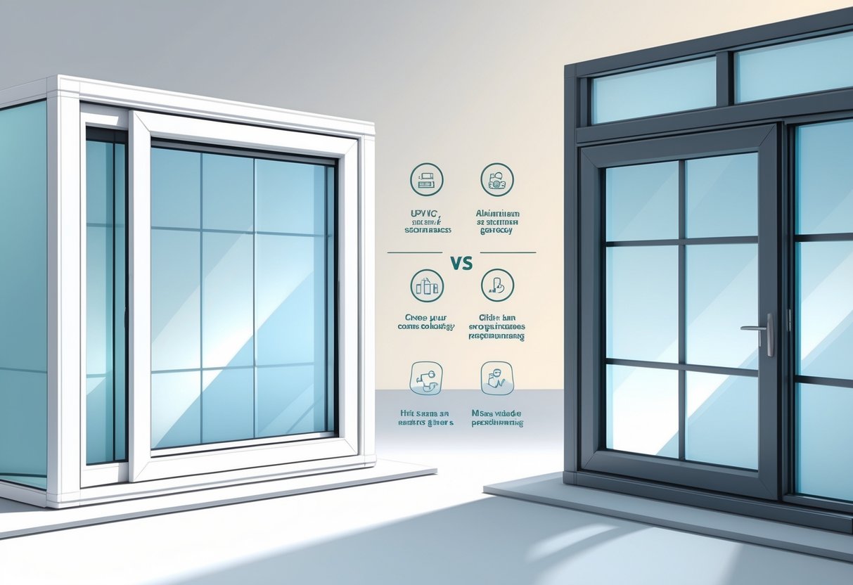 Side-by-side comparison of two windows, one with a white frame and the other with a dark grey metallic frame, highlighting their different materials and styles.
