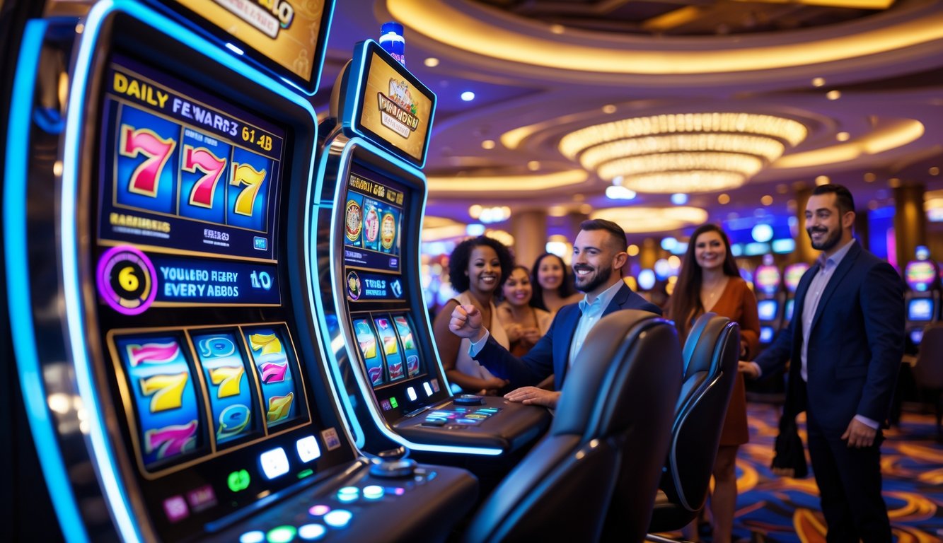 Orang-orang menikmati permainan mesin slot yang berwarna-warni di dalam kasino yang mewah dan terang.