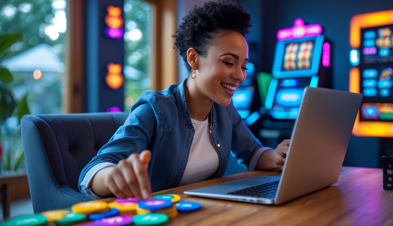 Seseorang sedang menikmati bermain permainan slot online di laptop di ruangan yang nyaman dan terang.