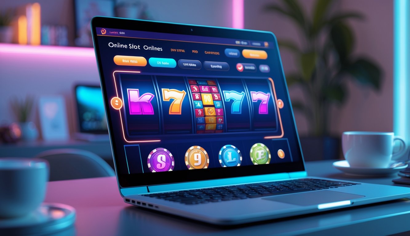 Sebuah laptop di atas meja modern menampilkan antarmuka permainan slot online dengan ikon warna-warni, dikelilingi oleh suasana ruang kerja yang rapi dan bergaya.