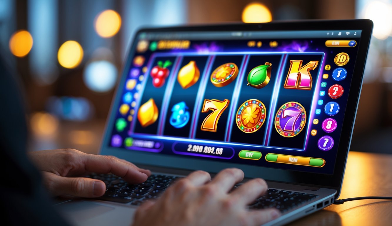 Layar laptop menampilkan permainan slot online yang berwarna-warni dengan simbol berputar dan tangan siap berinteraksi.