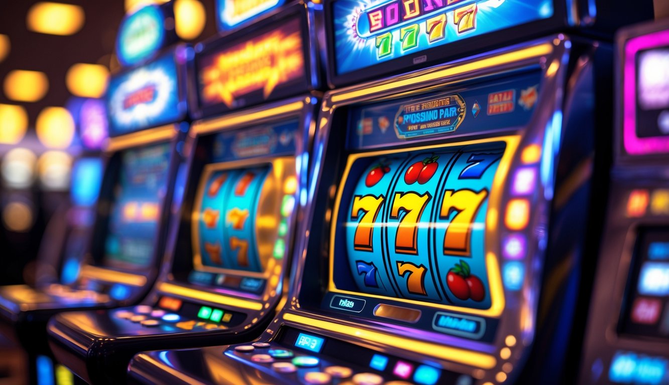 Mesin slot modern dengan gulungan berwarna-warni dan indikator bonus yang menyala di lingkungan kasino yang ramai.