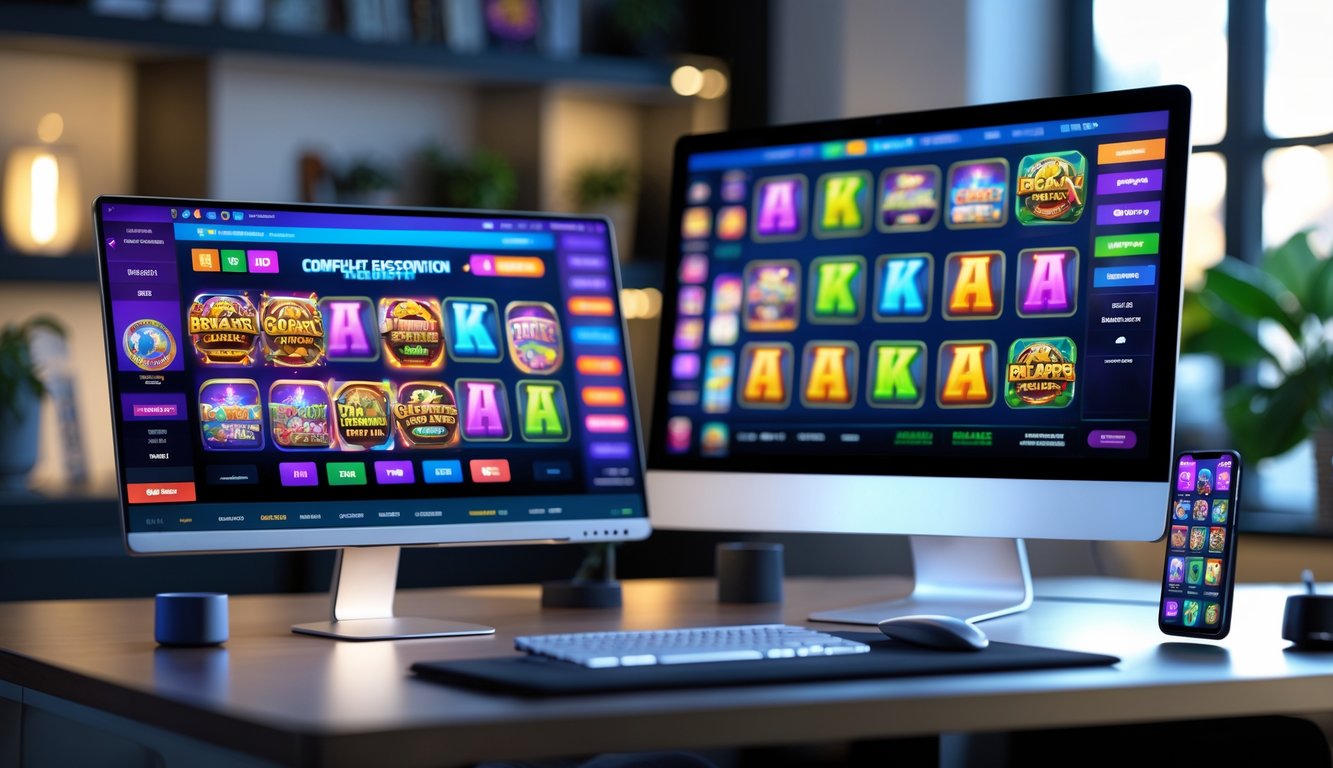 Sebuah meja dengan komputer dan ponsel yang menampilkan permainan slot online dalam ruangan yang terang dan rapi.