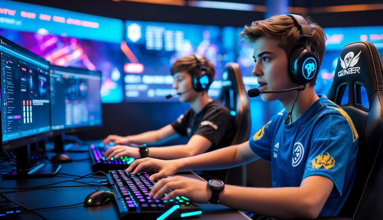 Dua pemain muda sedang bermain game e-sports online dengan fokus di sebuah ruangan gaming modern.