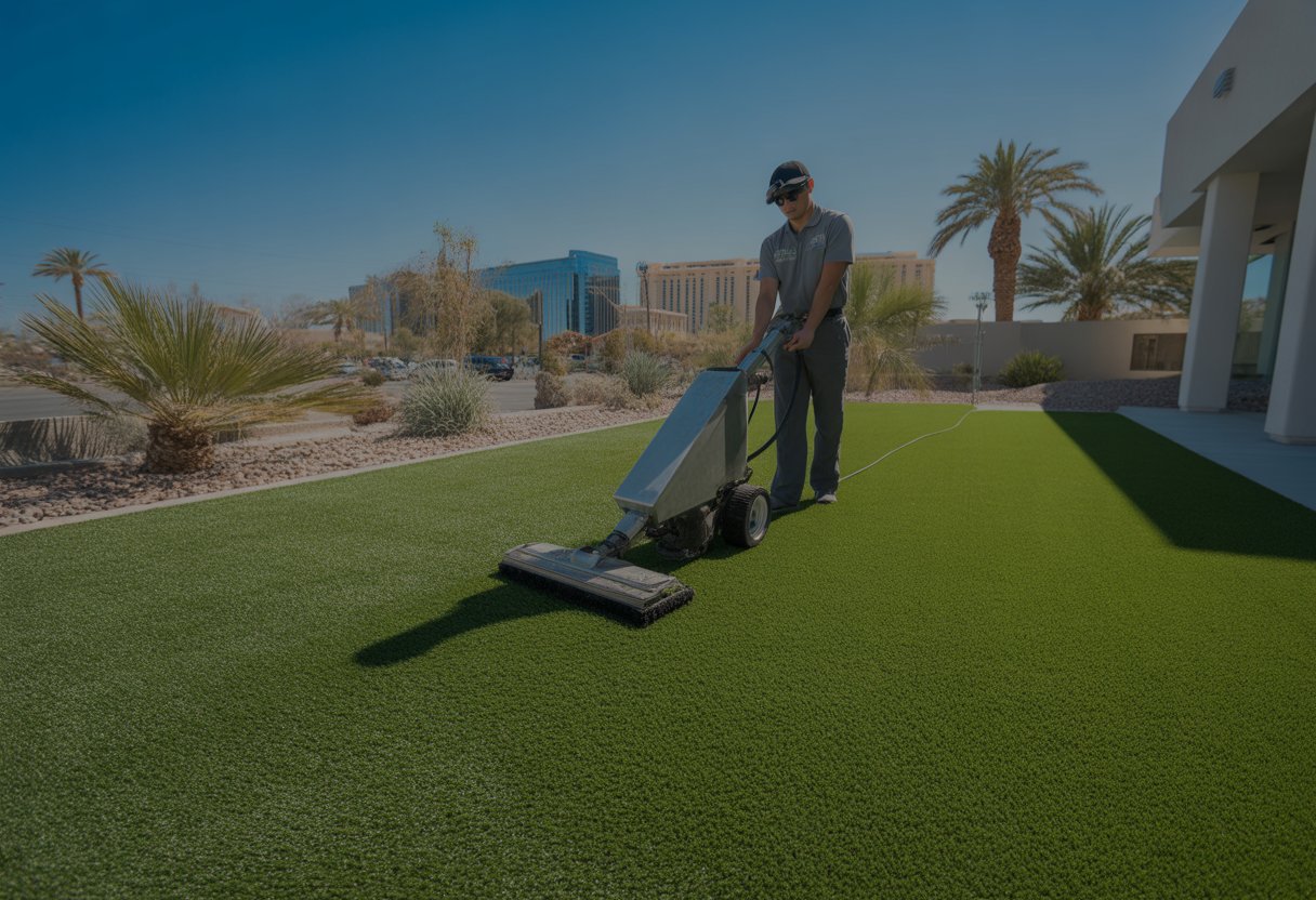 A worker cleaning artificial turf on a bright sunny day with desert plants and buildings in the background.