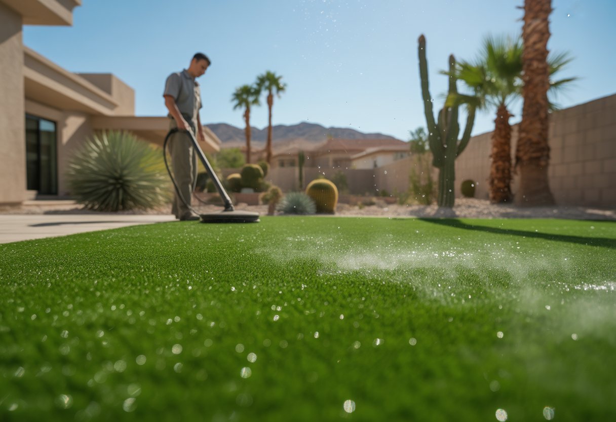 A person cleaning artificial turf in a sunny Las Vegas backyard with a modern house and desert plants in the background.