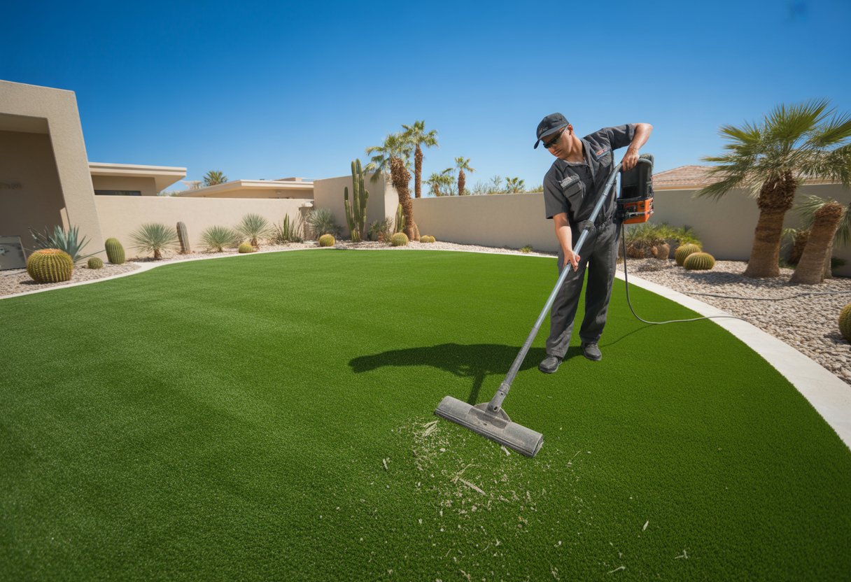 A worker cleaning artificial turf in a sunny backyard with desert plants and clear skies.