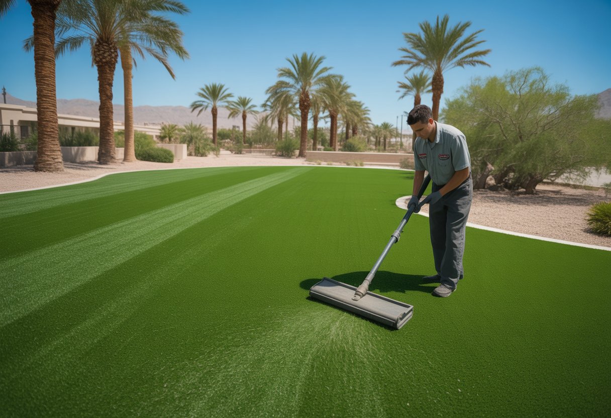 A maintenance worker cleaning and grooming artificial turf outdoors with desert plants and palm trees in the background.