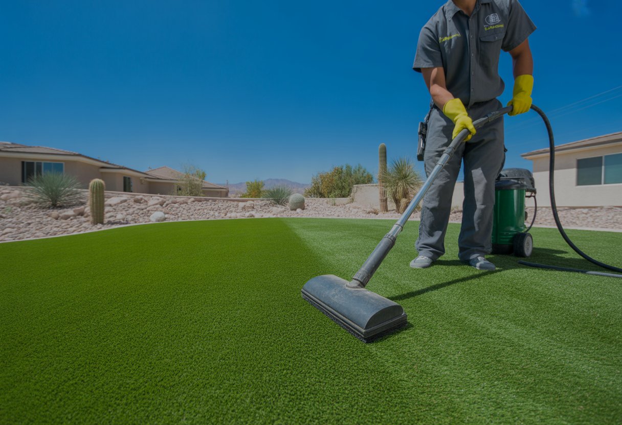 A worker cleaning artificial turf in a residential backyard with desert landscaping and clear skies.