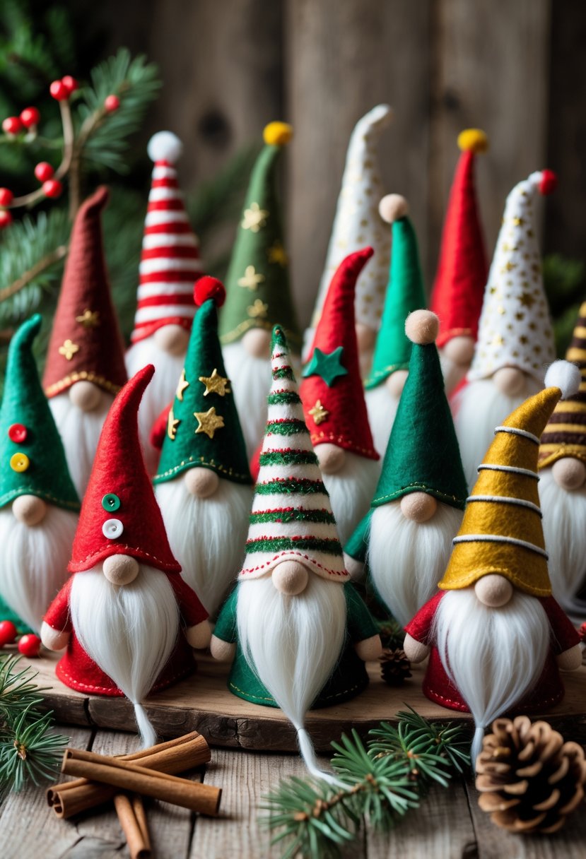 Fourteen colorful felt Christmas gnome ornaments arranged on a wooden surface with festive pine and berries around them.