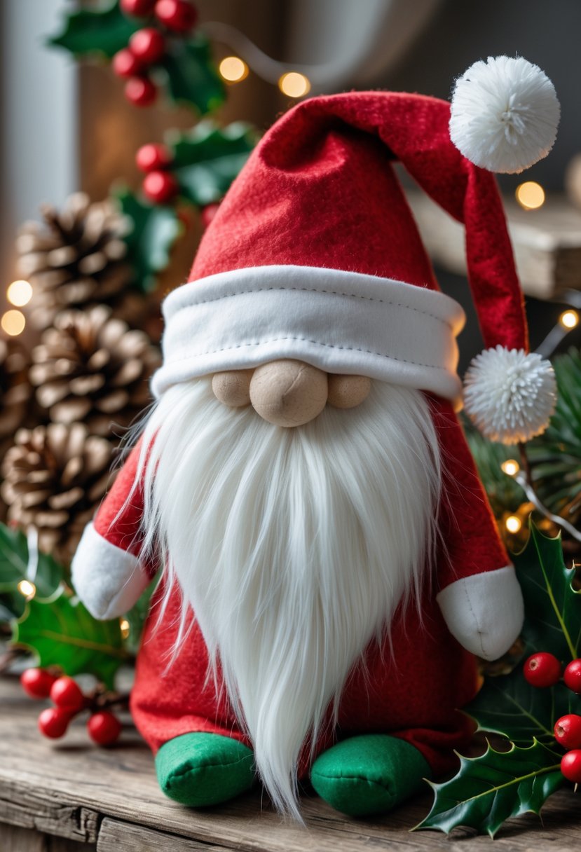 A Christmas gnome with a white beard and red no-sew Santa hat surrounded by holiday decorations on a wooden surface.