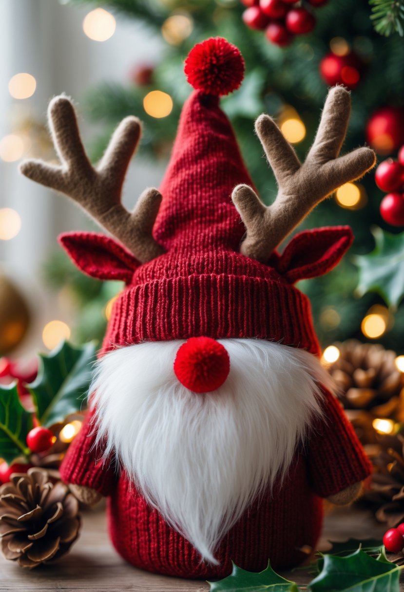 A Christmas gnome with reindeer antlers and a red pom-pom nose surrounded by holiday decorations.