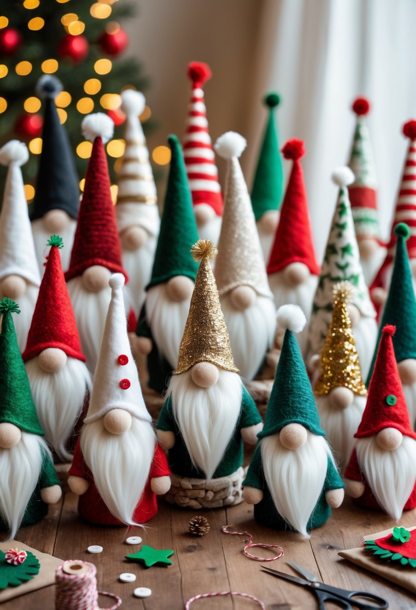A collection of fourteen handmade Christmas gnome crafts displayed on a wooden table with crafting supplies around them.