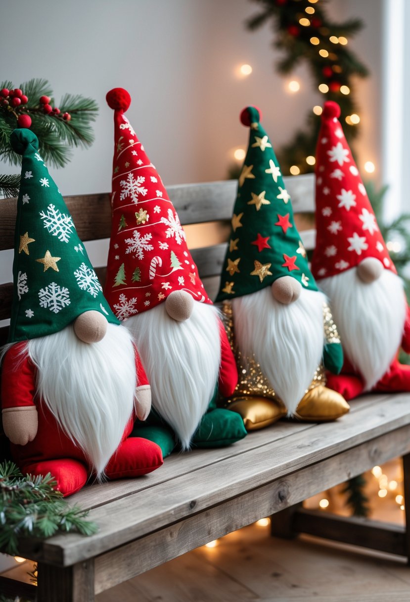 A group of colorful Christmas gnome-shaped pillows with festive patterns arranged on a wooden bench surrounded by holiday decorations.
