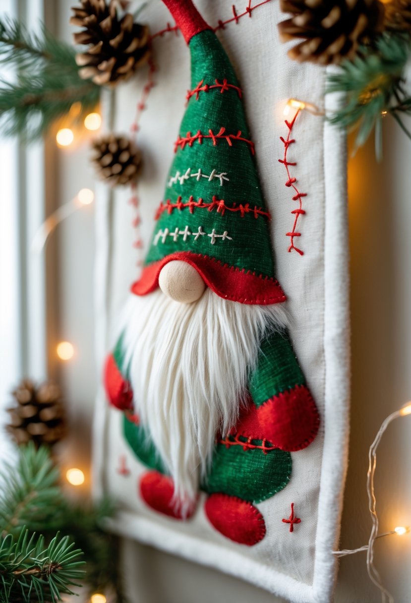 An embroidered Christmas gnome wall hanging displayed on a softly decorated wall with holiday greenery and warm lights.