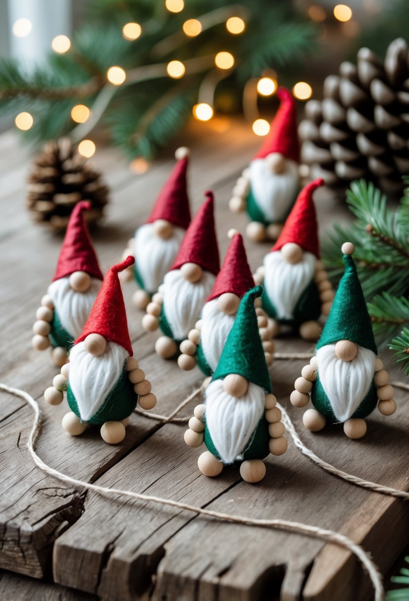 A wooden bead gnome garland with red and green felt hats displayed on a rustic wooden surface with pine branches and warm holiday lights in the background.