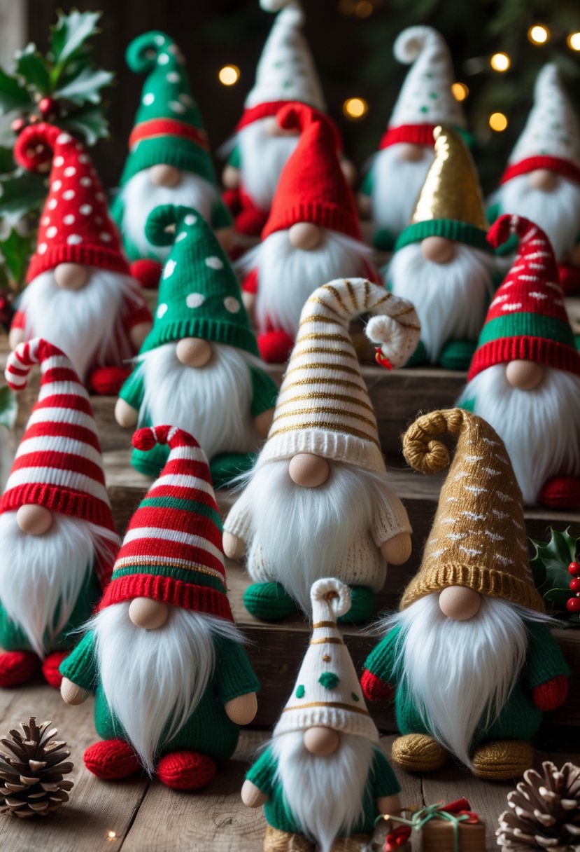 A collection of 14 small knitted Christmas gnome dolls arranged on a wooden surface with holiday decorations.