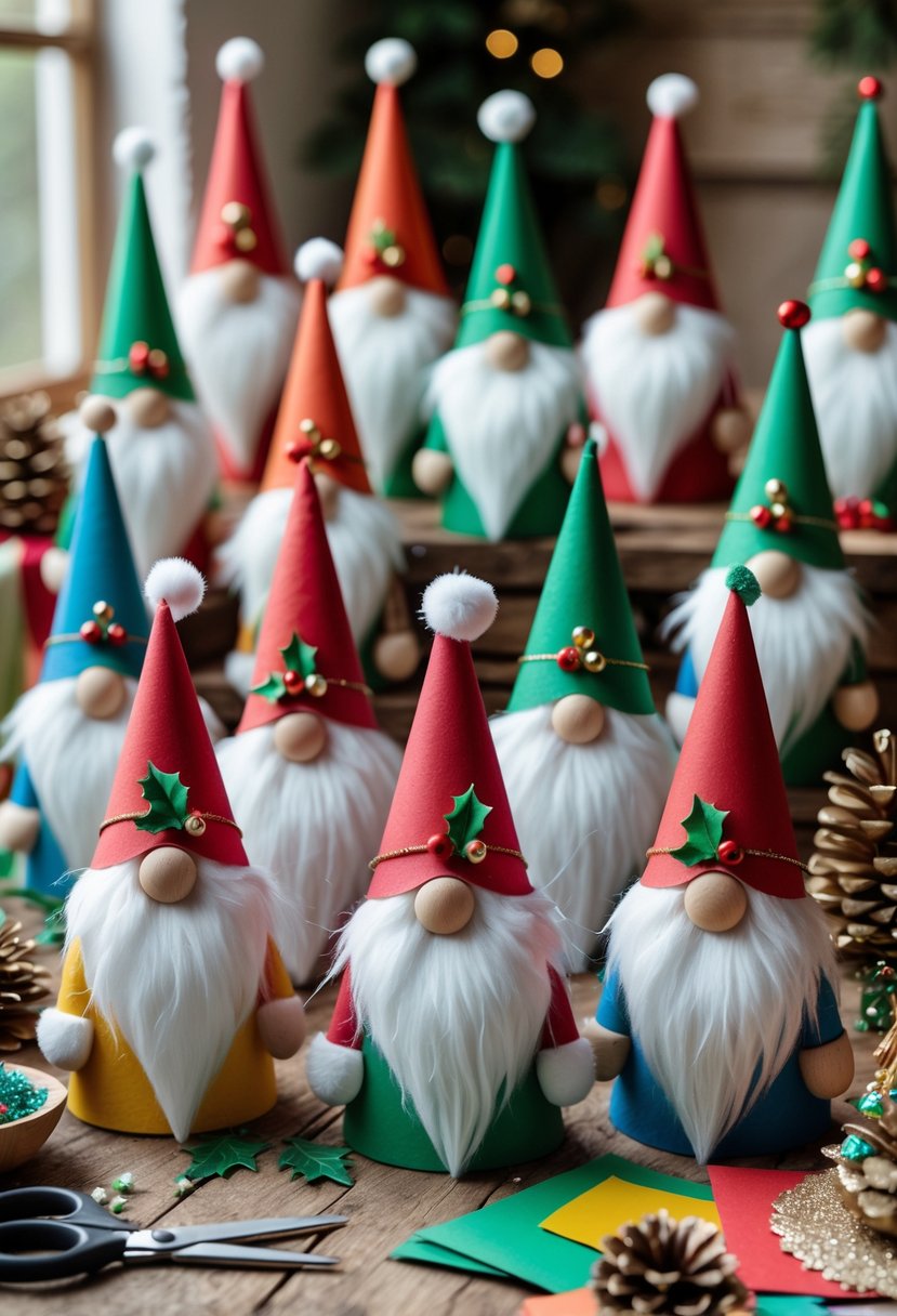 A collection of colorful paper cone Christmas gnome decorations arranged on a wooden table with craft supplies around them.