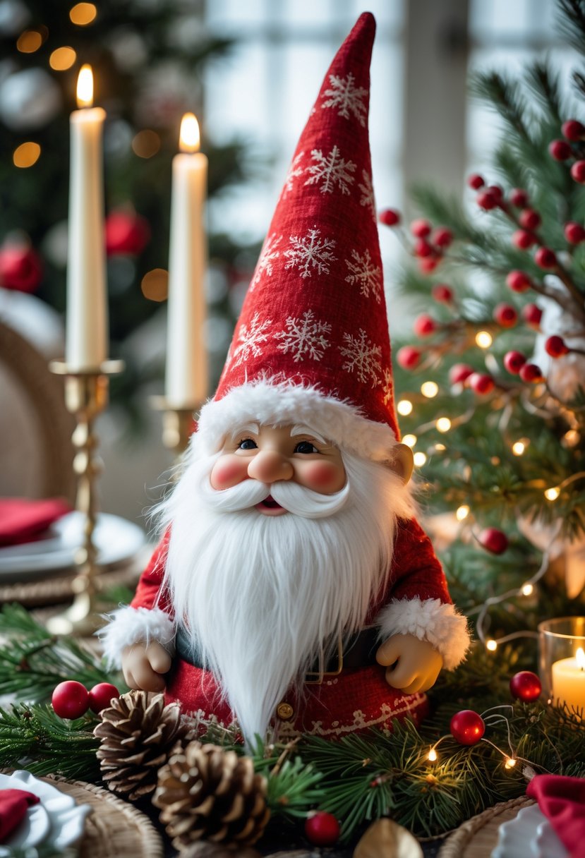 A Christmas gnome centerpiece on a holiday table surrounded by pine branches, pine cones, red berries, and candlelight.