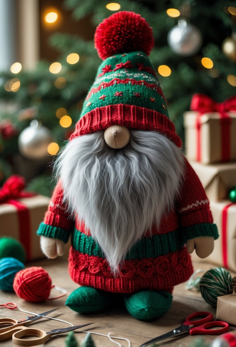 A Christmas gnome with a pom-pom beard surrounded by holiday craft materials on a wooden table.