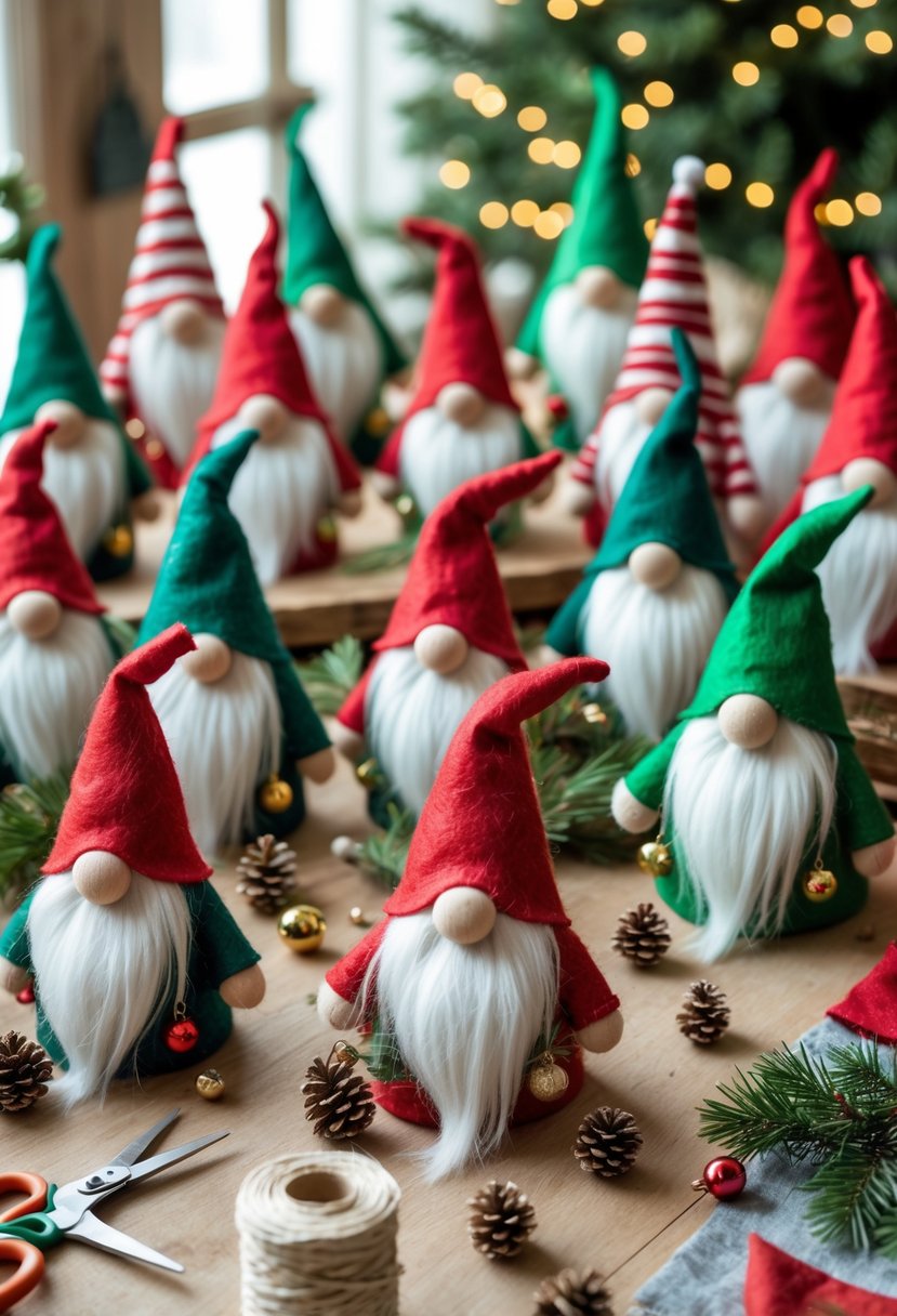 A collection of colorful handmade Christmas gnome gift toppers displayed on a wooden table with crafting supplies around them.