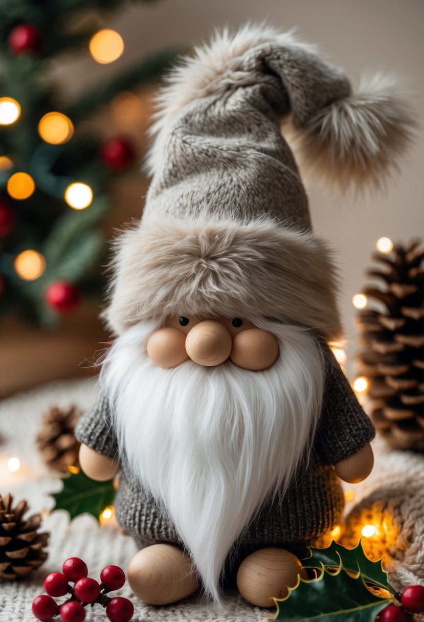 A Christmas gnome with a faux fur hat and white beard surrounded by holiday decorations and soft lights.