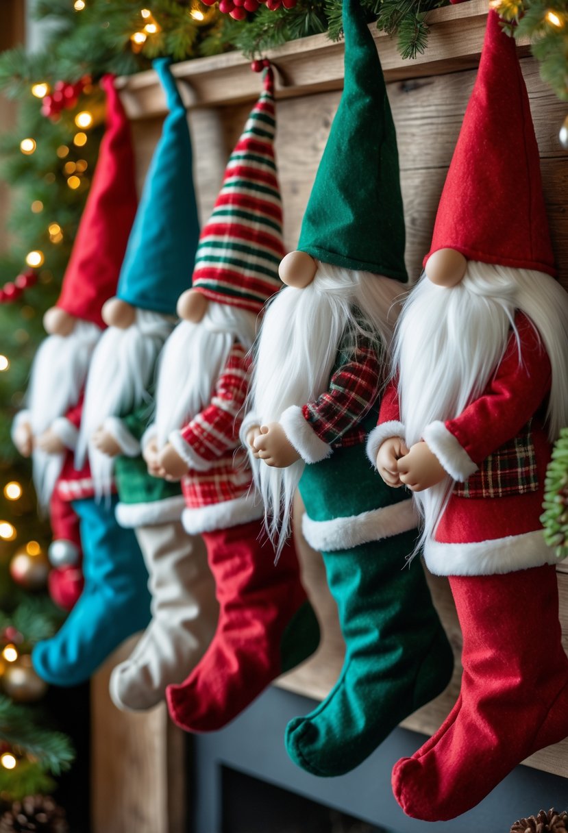 A mantel decorated with colorful Christmas gnome stocking holders, pine garlands, and warm fairy lights.