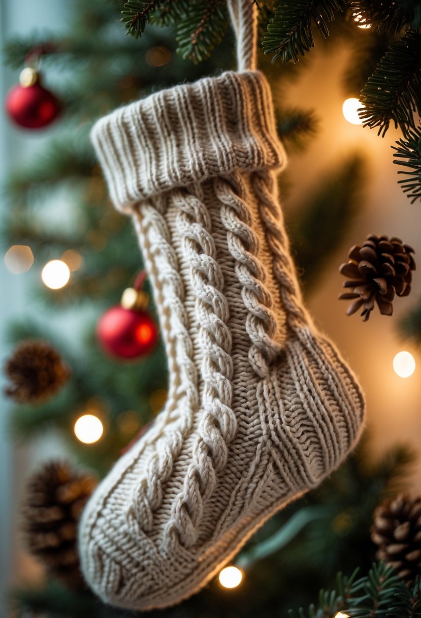 A knitted Christmas stocking with a cable pattern hanging with pine branches and fairy lights in the background.