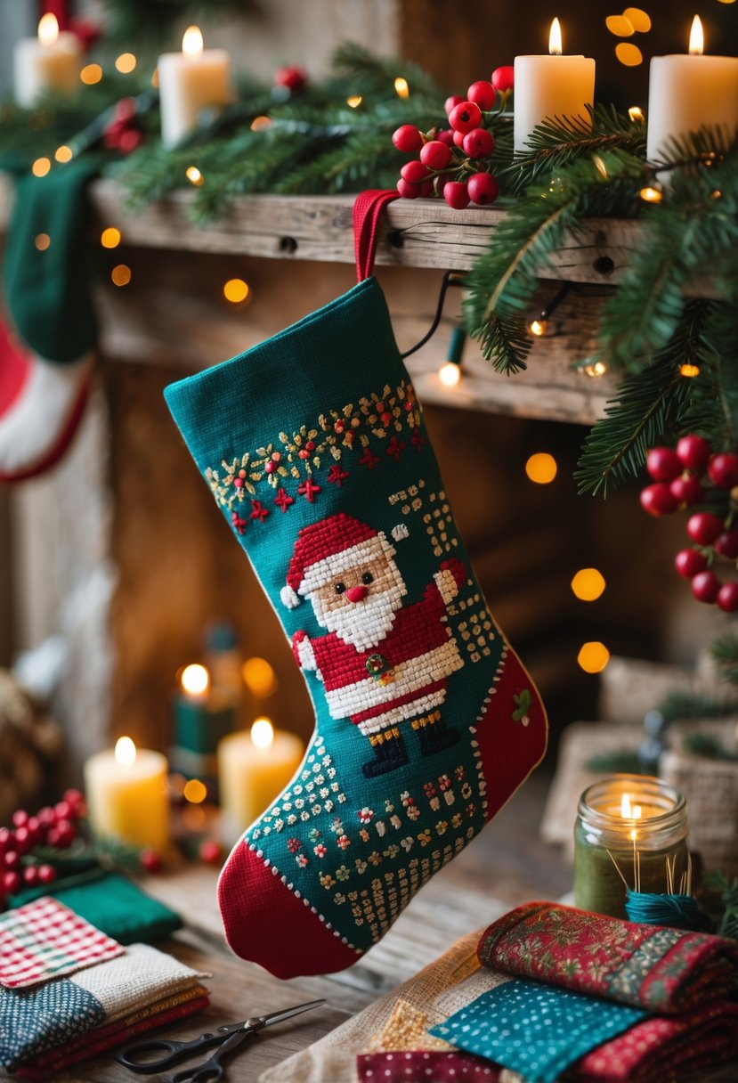 A personalized cross-stitched Christmas stocking hanging on a decorated mantel surrounded by embroidery supplies and festive decorations.