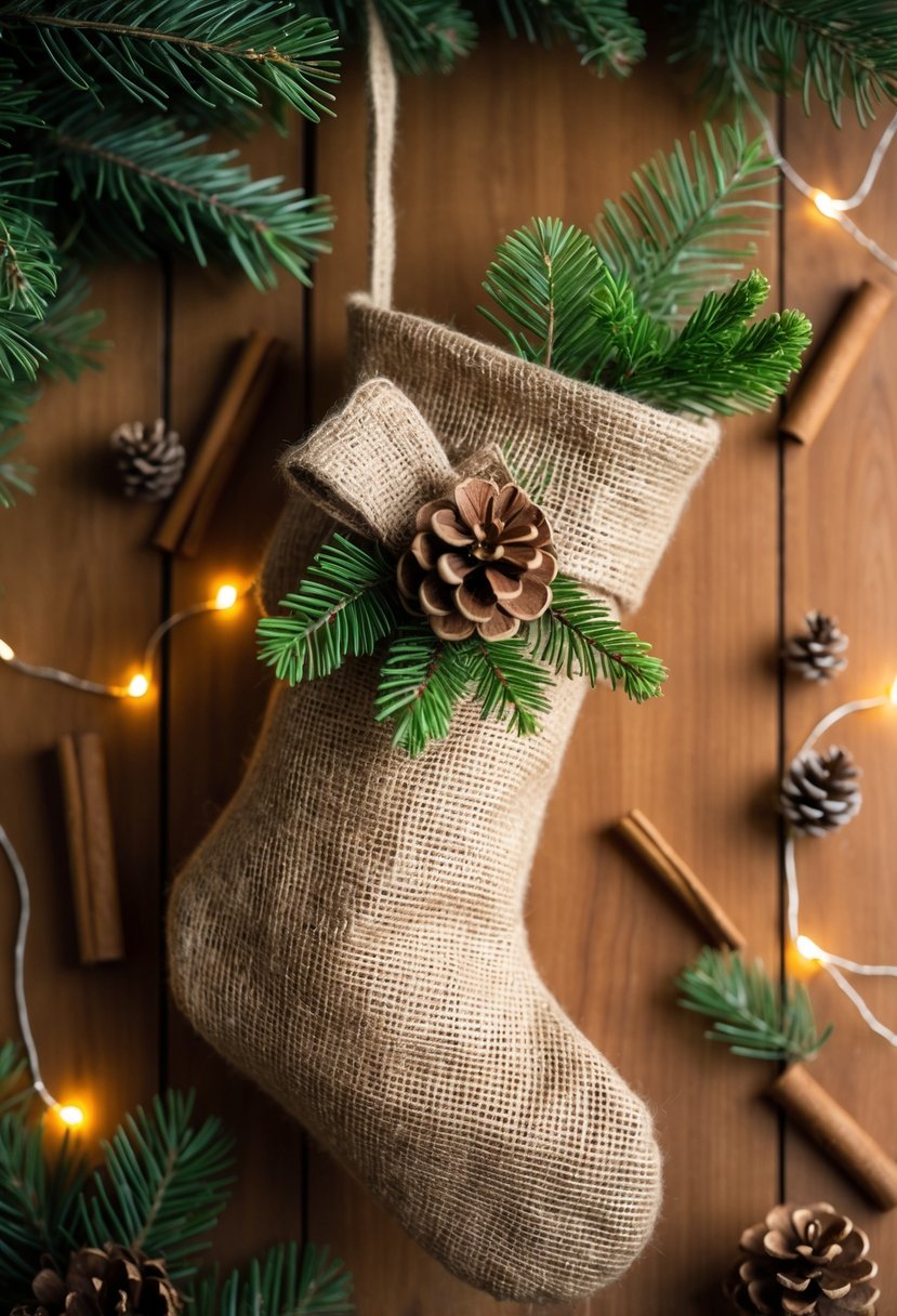 A rustic burlap Christmas stocking decorated with pinecones and evergreen sprigs hanging against a wooden background with soft holiday decorations around it.