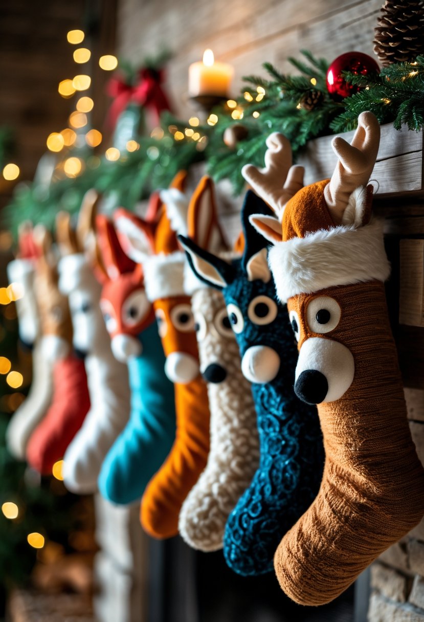 A collection of fifteen colorful Christmas stockings with animal faces hanging on a wooden mantel decorated with holiday greenery.