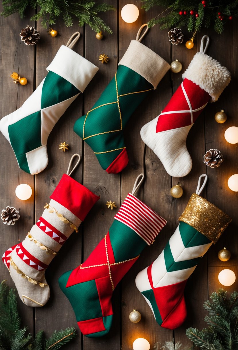 A collection of colorful geometric Christmas stockings arranged on a wooden surface with pine branches and holiday decorations.