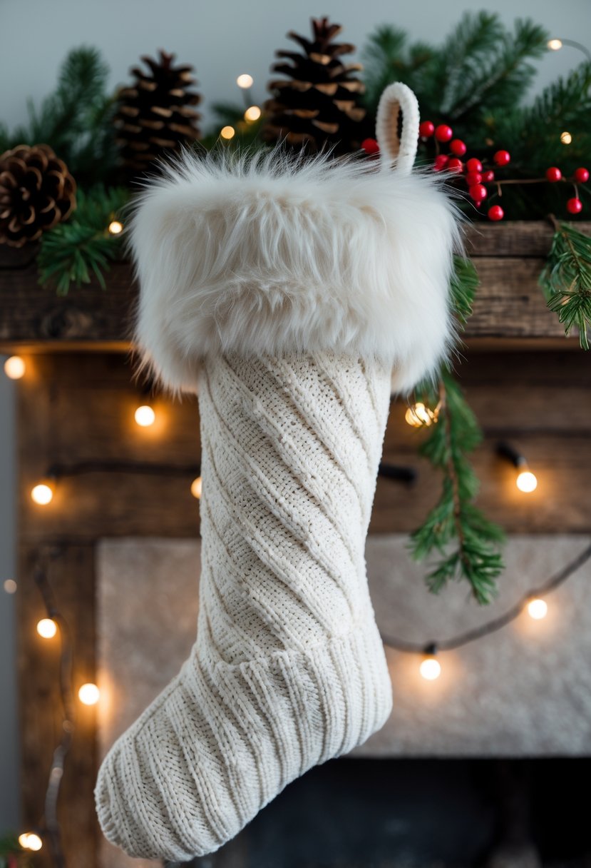 A Christmas stocking with a fluffy faux fur cuff hanging on a wooden mantel surrounded by holiday decorations and warm lights.