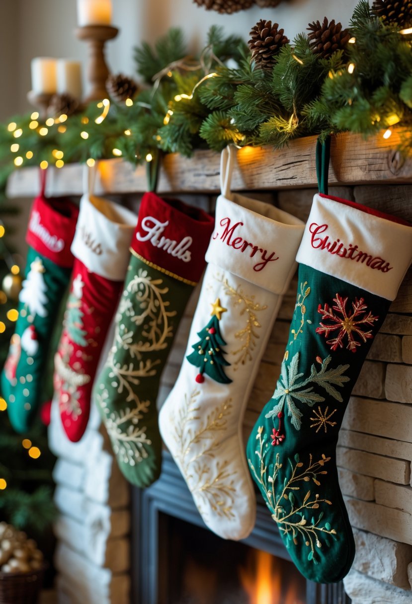 A mantel decorated with 15 colorful Christmas stockings, each embroidered with different names, surrounded by pine garlands, fairy lights, and holiday decorations.