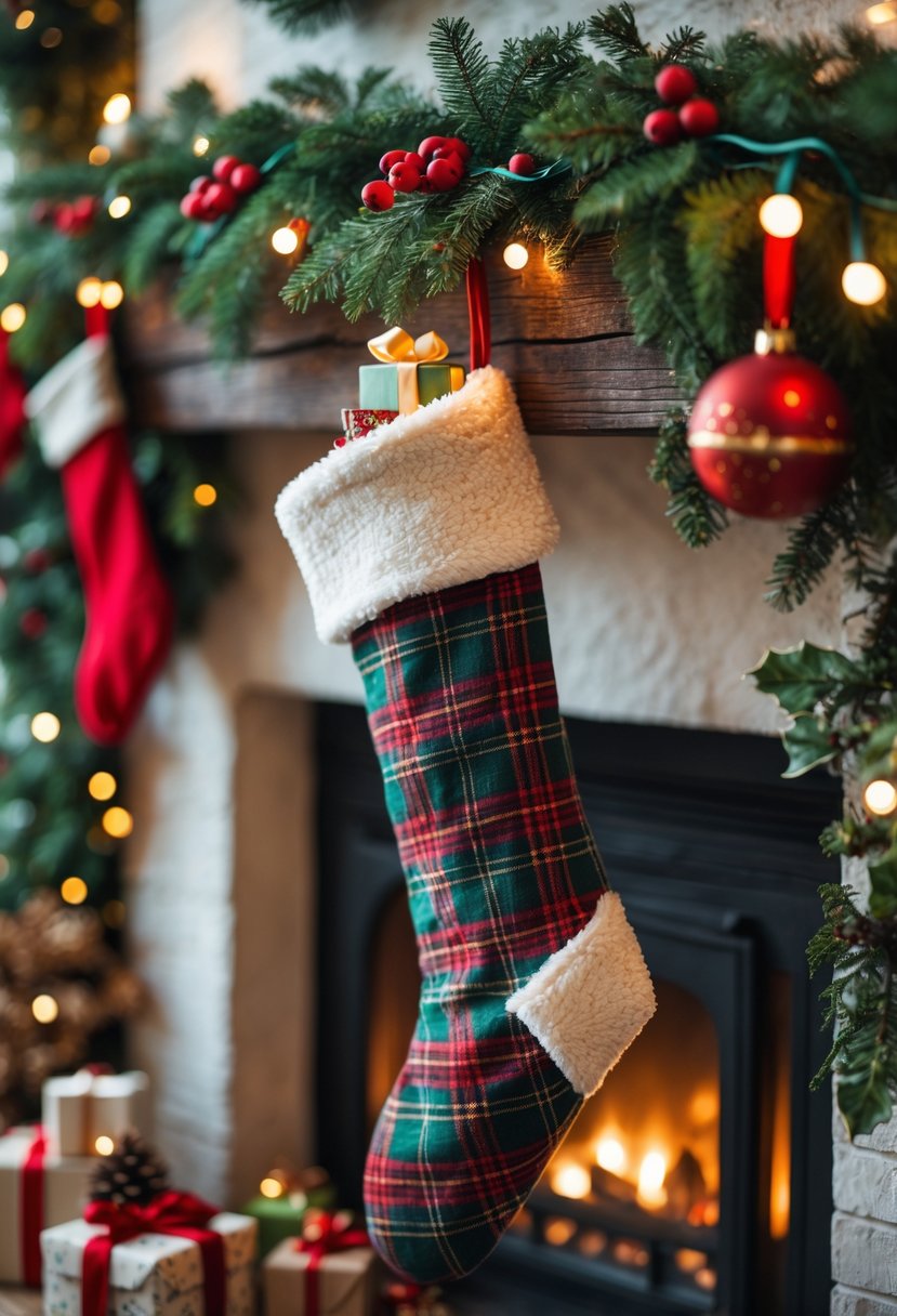 A plaid flannel Christmas stocking hanging on a decorated mantel surrounded by handmade ornaments, pine cones, and holiday decorations.