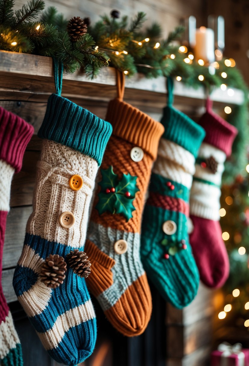 A mantel decorated with 15 colorful Christmas stockings made from upcycled sweaters, surrounded by pine garlands and soft holiday lights.