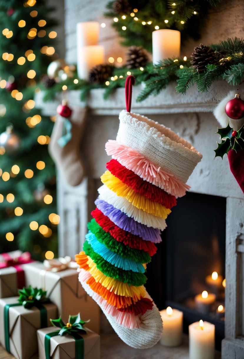 A Christmas stocking with colorful pom-pom fringe hanging on a fireplace mantel decorated with greenery, pine cones, and fairy lights, surrounded by wrapped gifts and holiday decorations.