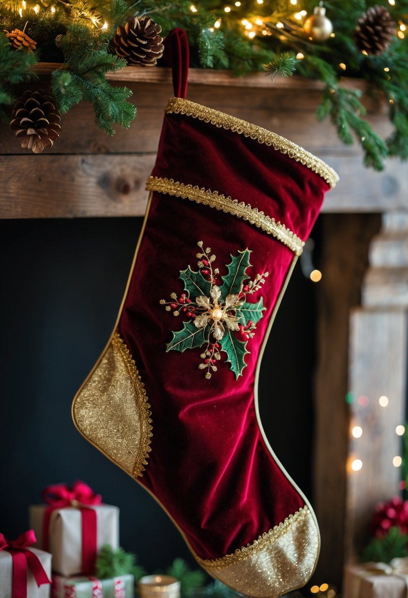 A red velvet Christmas stocking with gold trim hanging on a decorated mantel surrounded by holiday craft items.