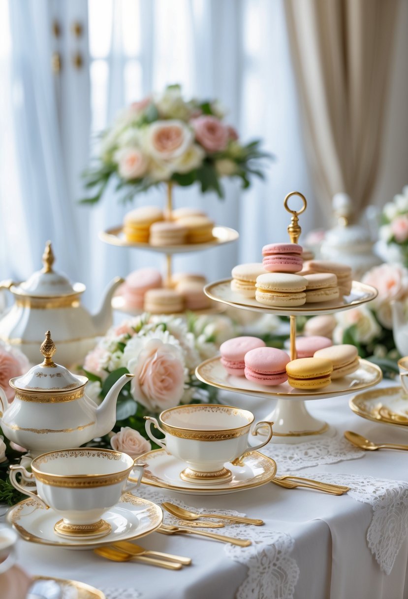 A bridal shower table set with gold-rimmed vintage tea cups, teapots, pastel desserts, and floral arrangements.
