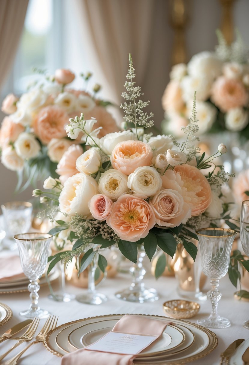 A table with peach and cream flower centerpieces surrounded by elegant tableware and soft lighting.