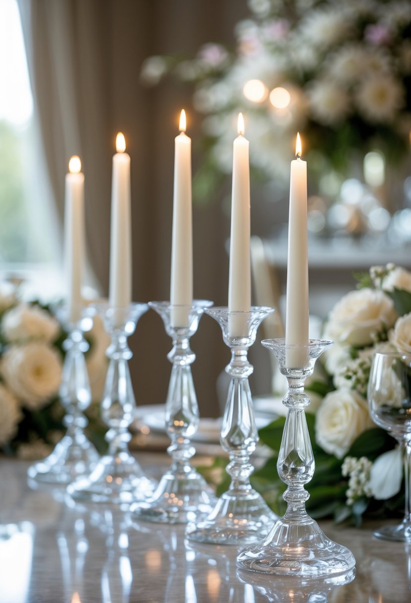 Tall crystal candle holders with white taper candles arranged on a table with floral decorations.