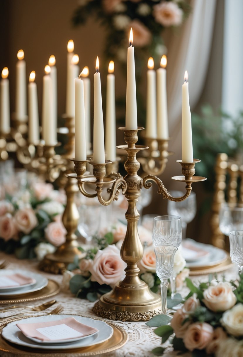 A table set with antique brass candelabras holding lit candles, surrounded by floral arrangements and elegant tableware.